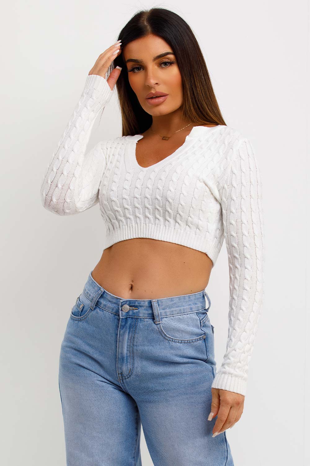 womens v neck crop knitted jumper