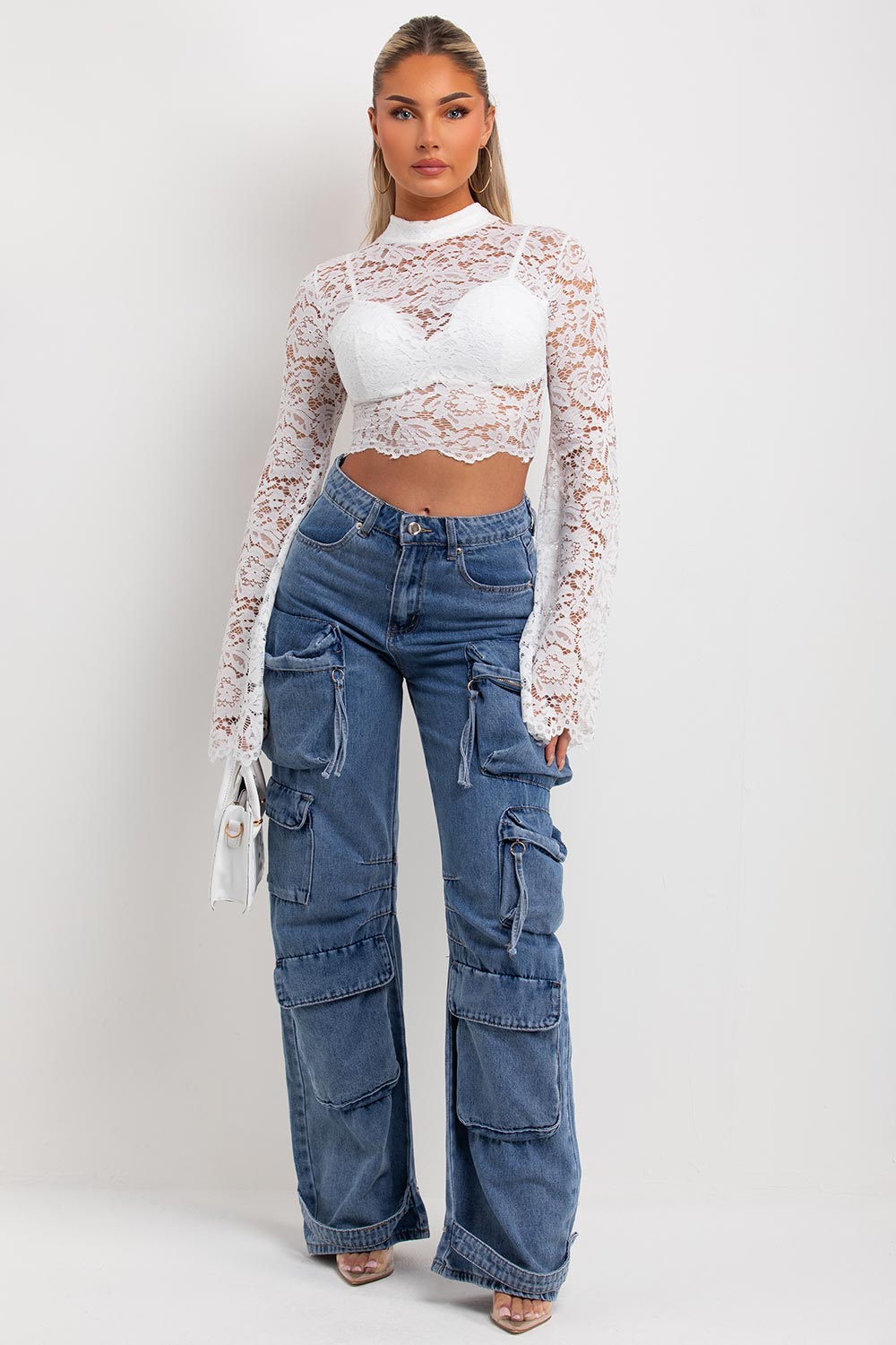 womens flare long sleeve white lace top