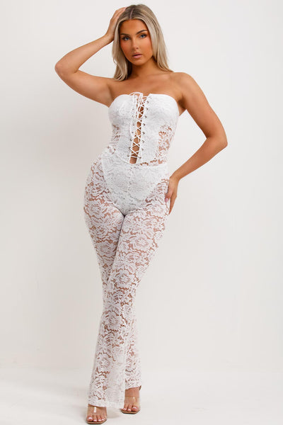 Lace Jumpsuit With Skinny Flared Legs White Festival Going Out