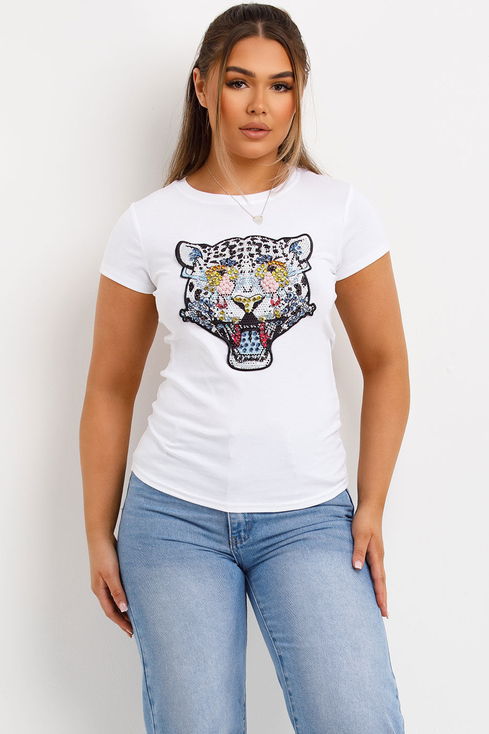 womens white t shirt with diamante tiger detail