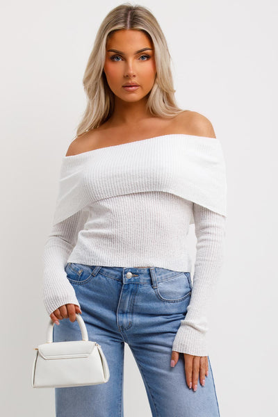 Women s Bardot Jumper With Fold Over Detail White Knitwear