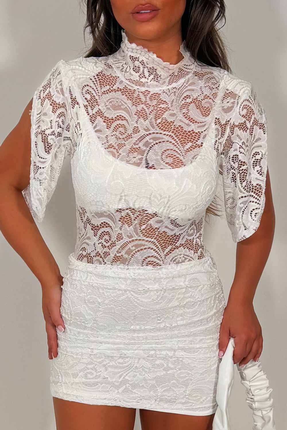 high neck lace dress with short sleeve styledup uk