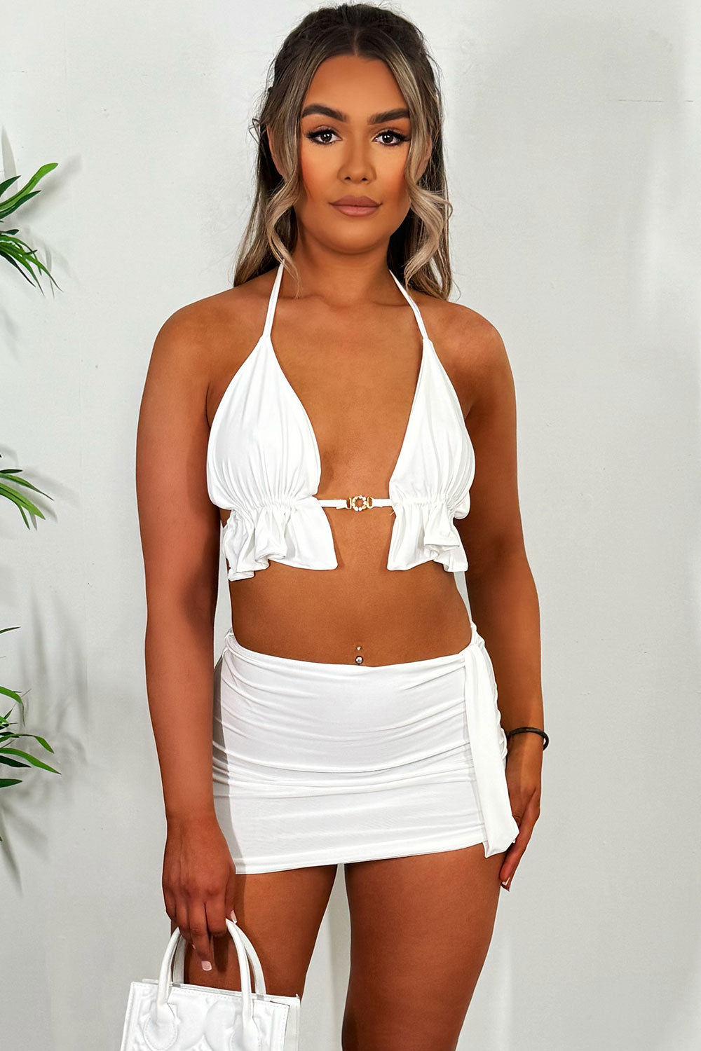 frill edge bikini top and mini skirt co ord set two piece outfit