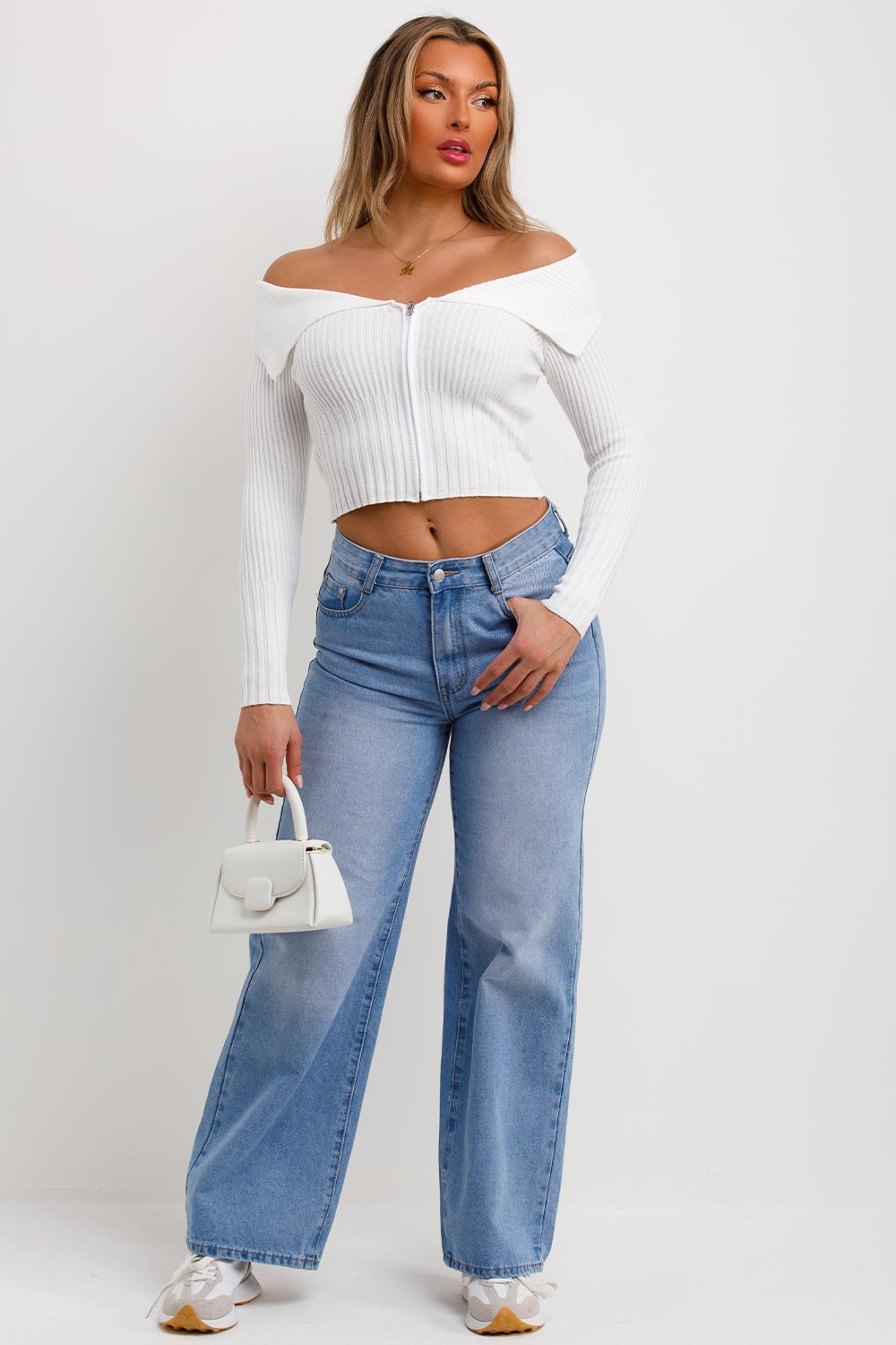 womens off shoulder jumper with zip front