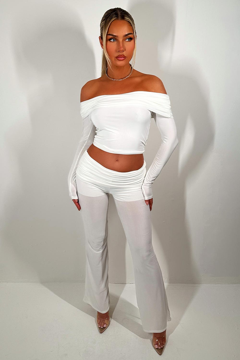 fold detail flare trousers and off shoulder top co ord going out date night brunch outfit