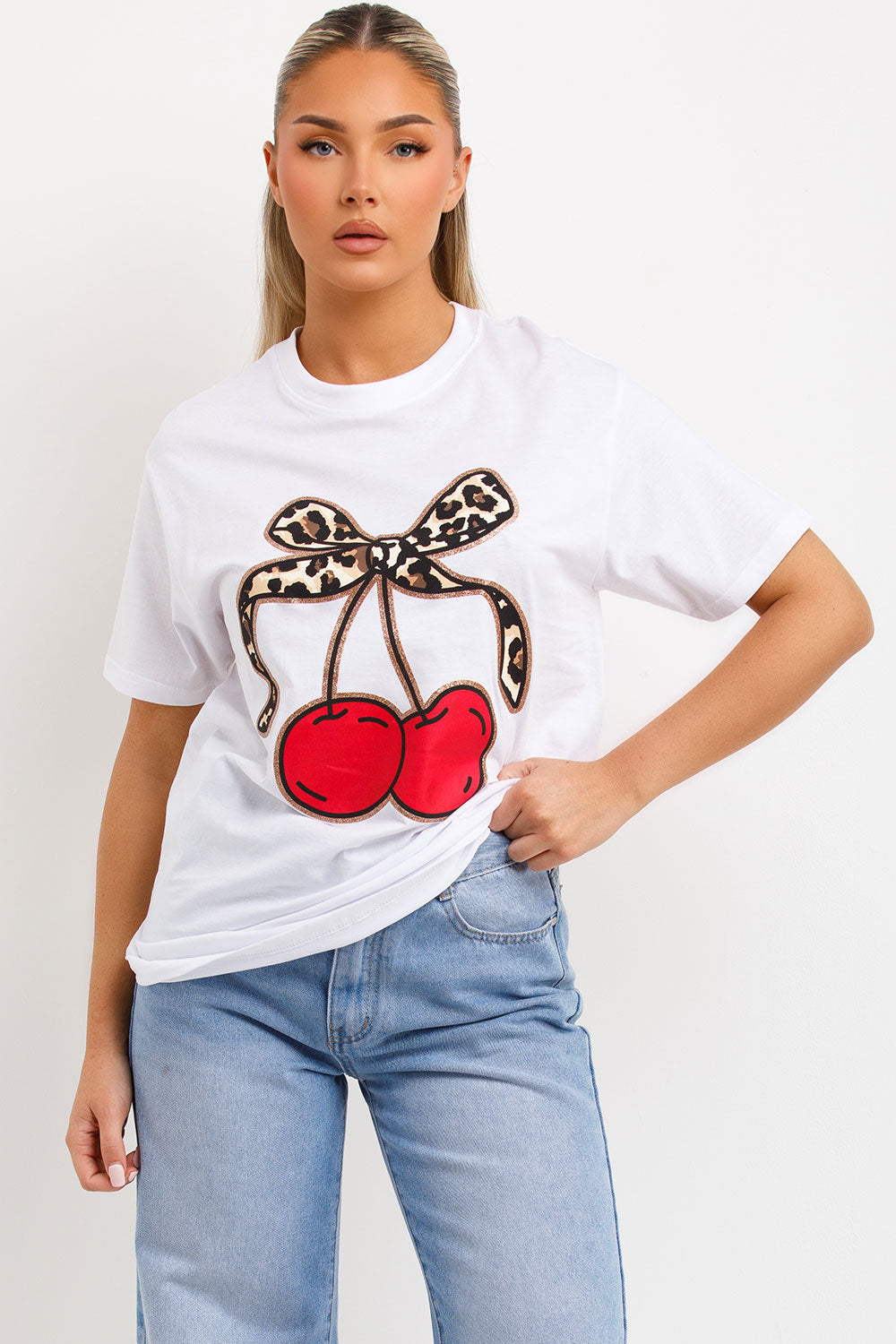 womens white t shirt with cherry print oversized