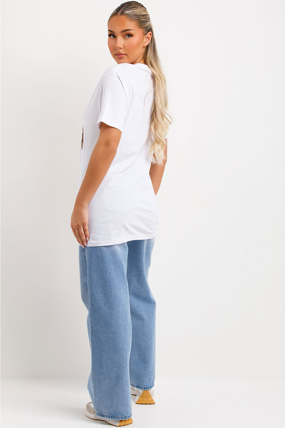 womens white oversized t shirt with leopard print cherry print