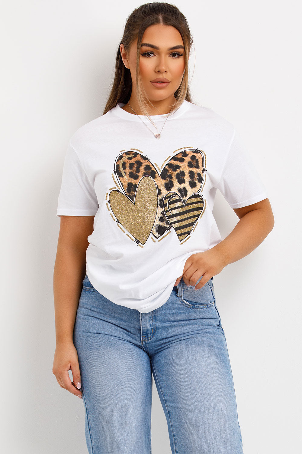 leopard print heart graphic t shirt for womens