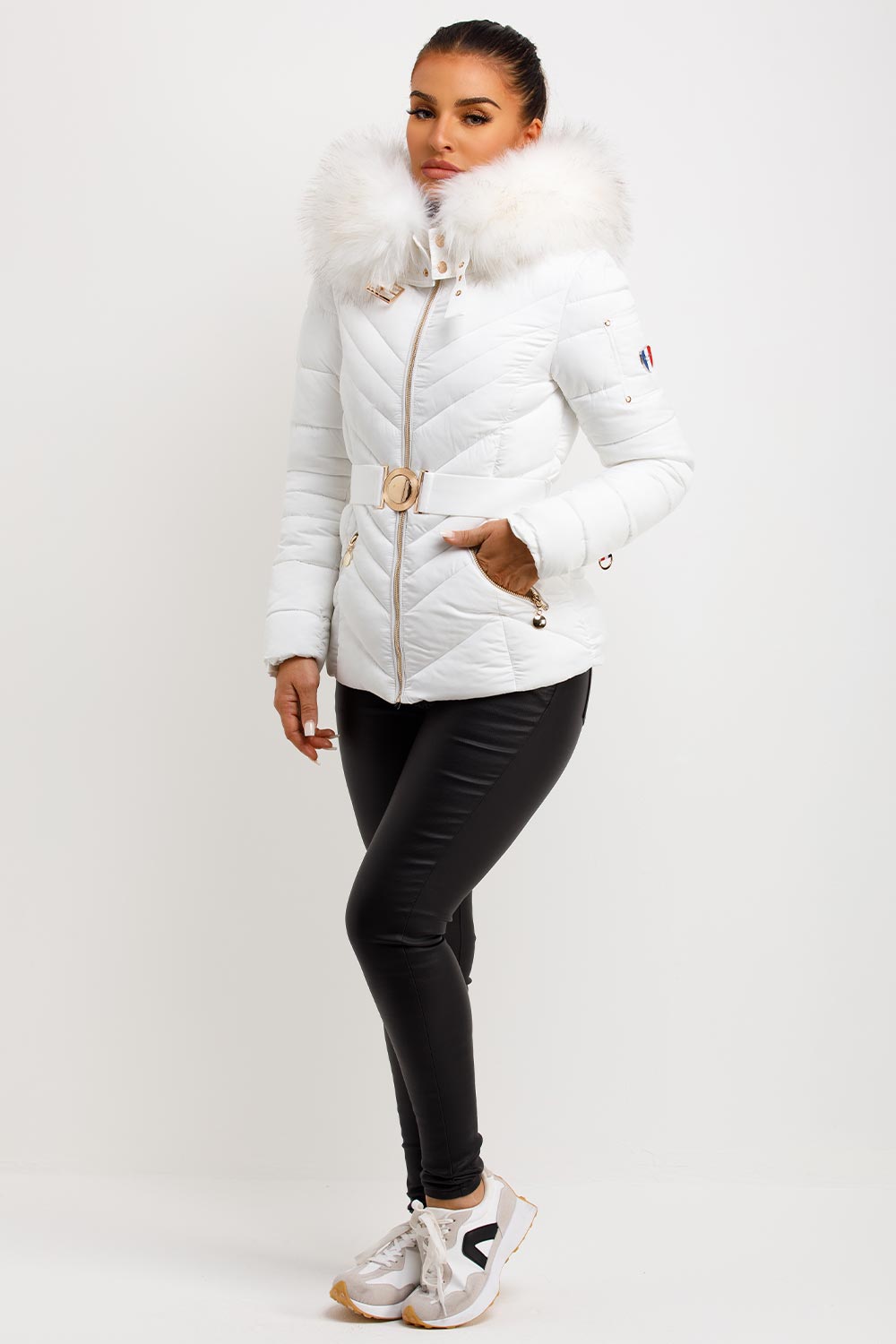 white fur hood puffer jacket with belt womens