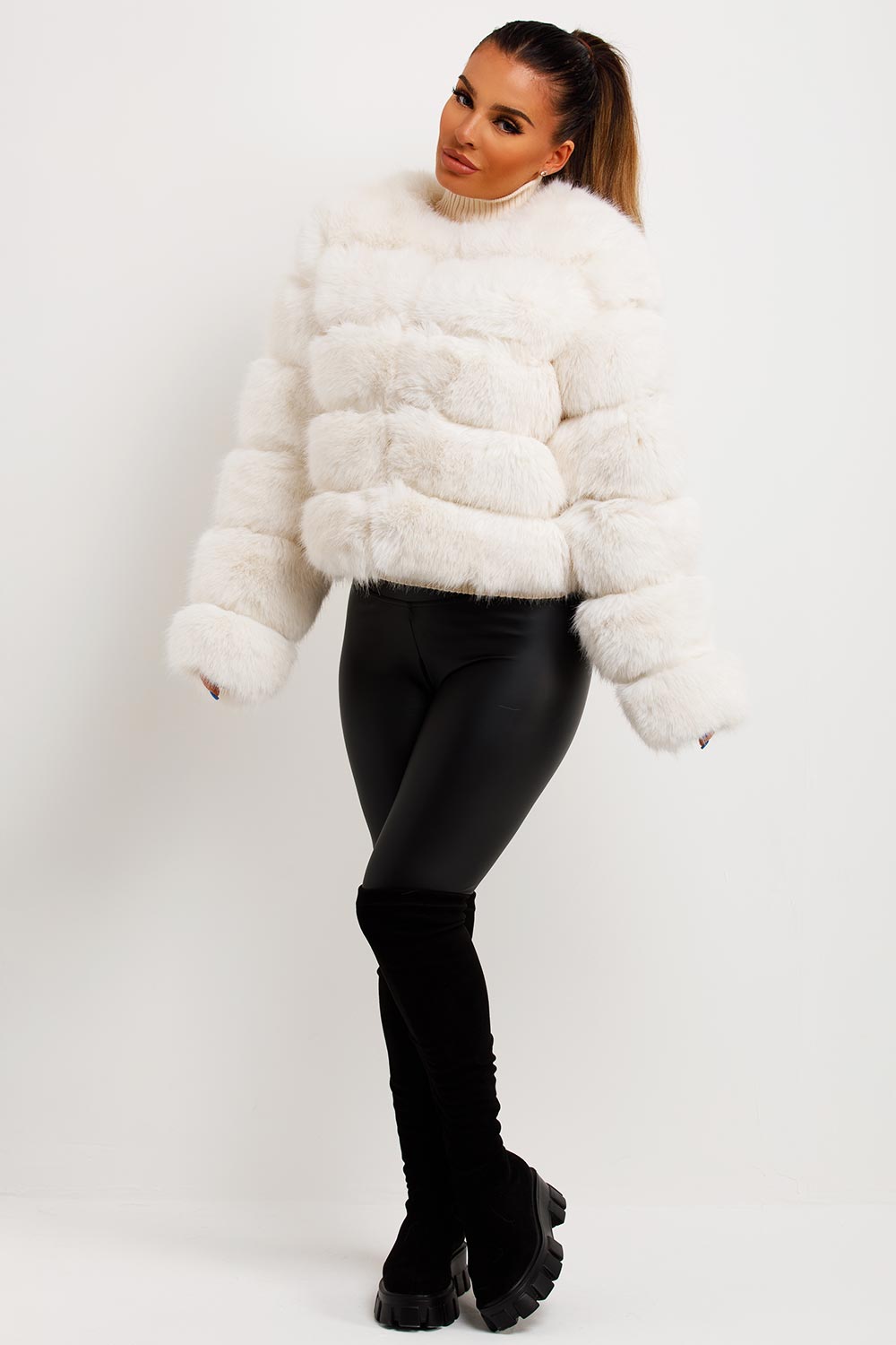 womens cropped faux fur bubble jacket