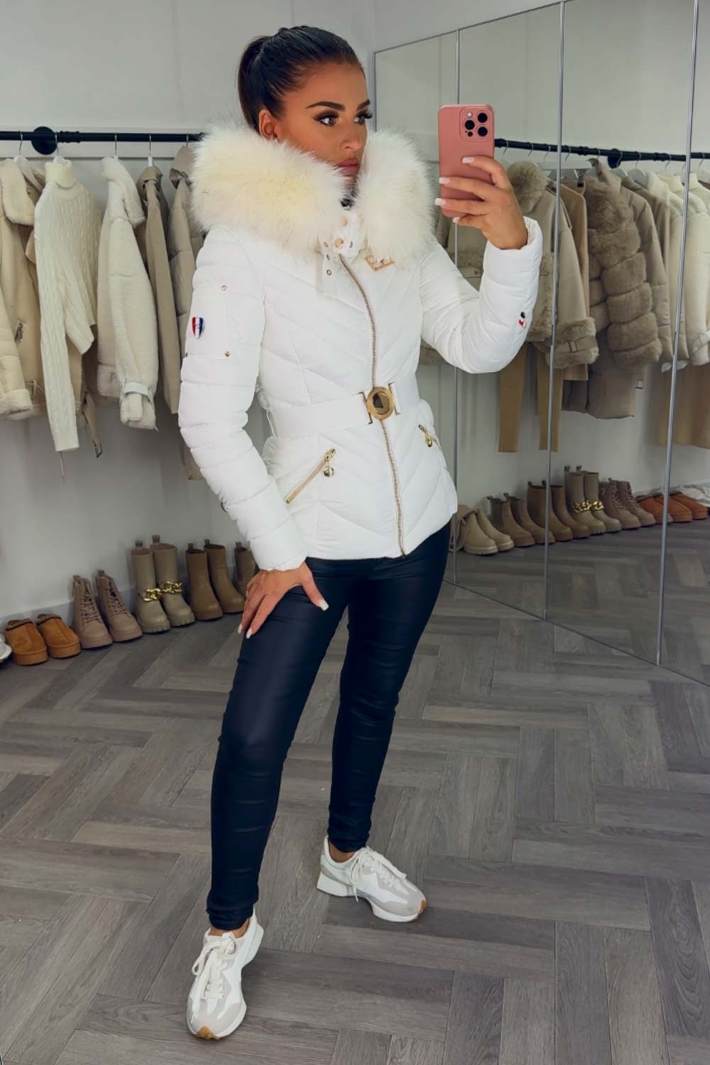 fur hood puffer jacket with belt and hood