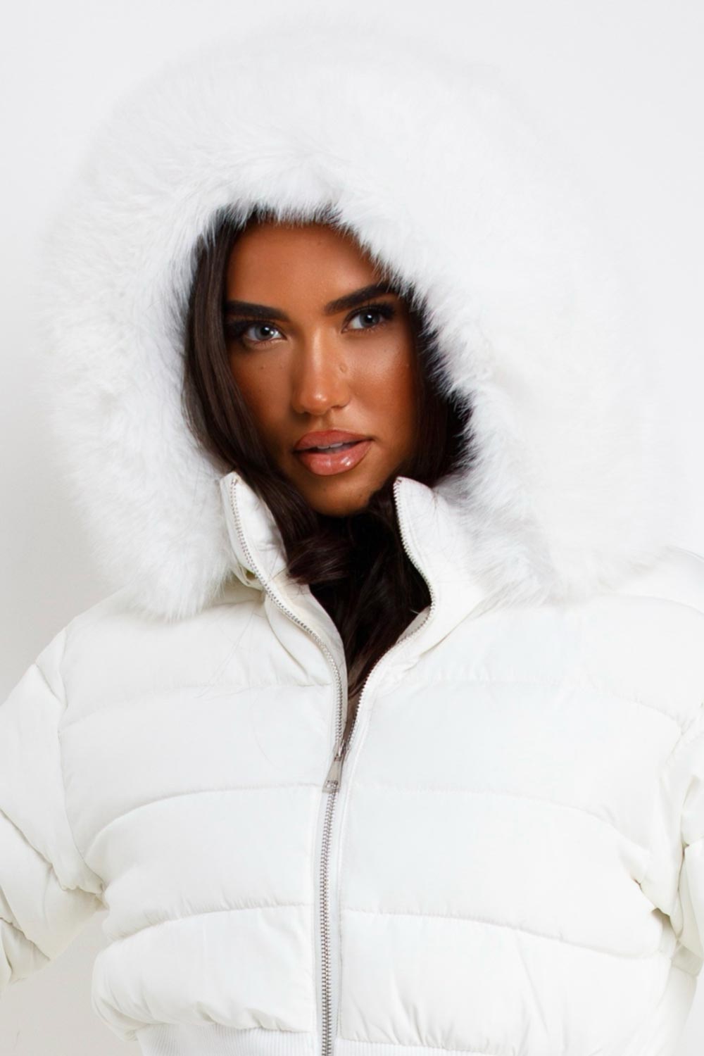 faux fur hood puffer padded jacket white womens winter outerwear styledup uk