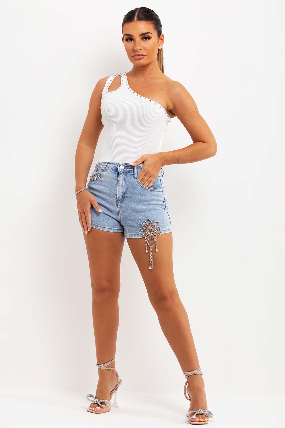 diamante one shoulder top white