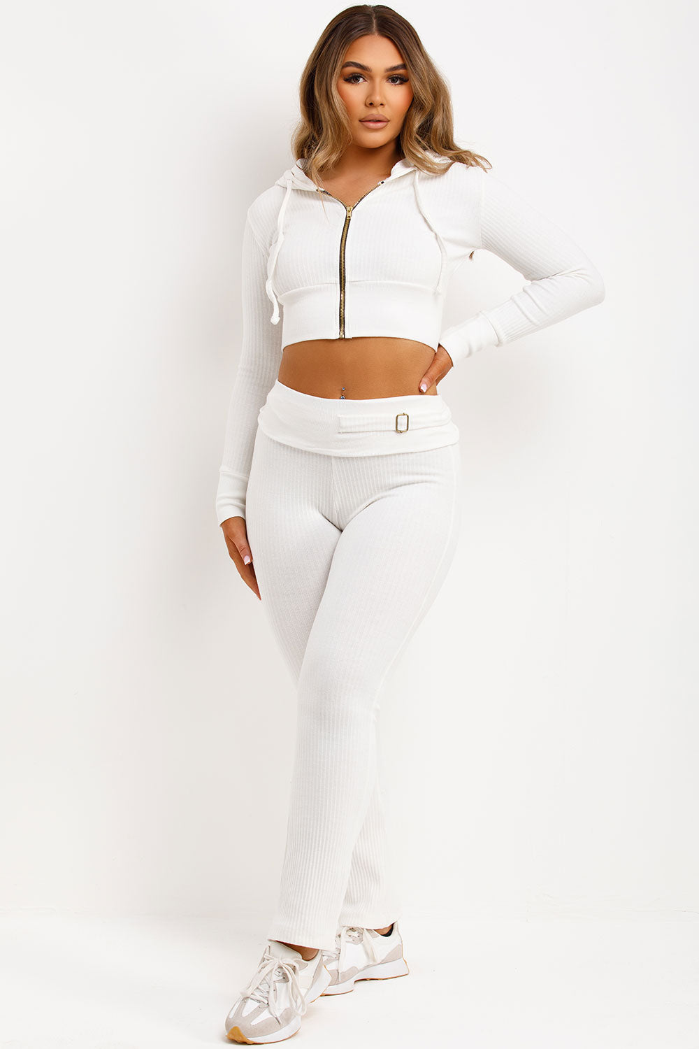 womens loungewear fold over waist buckle detail skinny flare ribbed trouser and crop zip up hoodie co ord tracksuit set