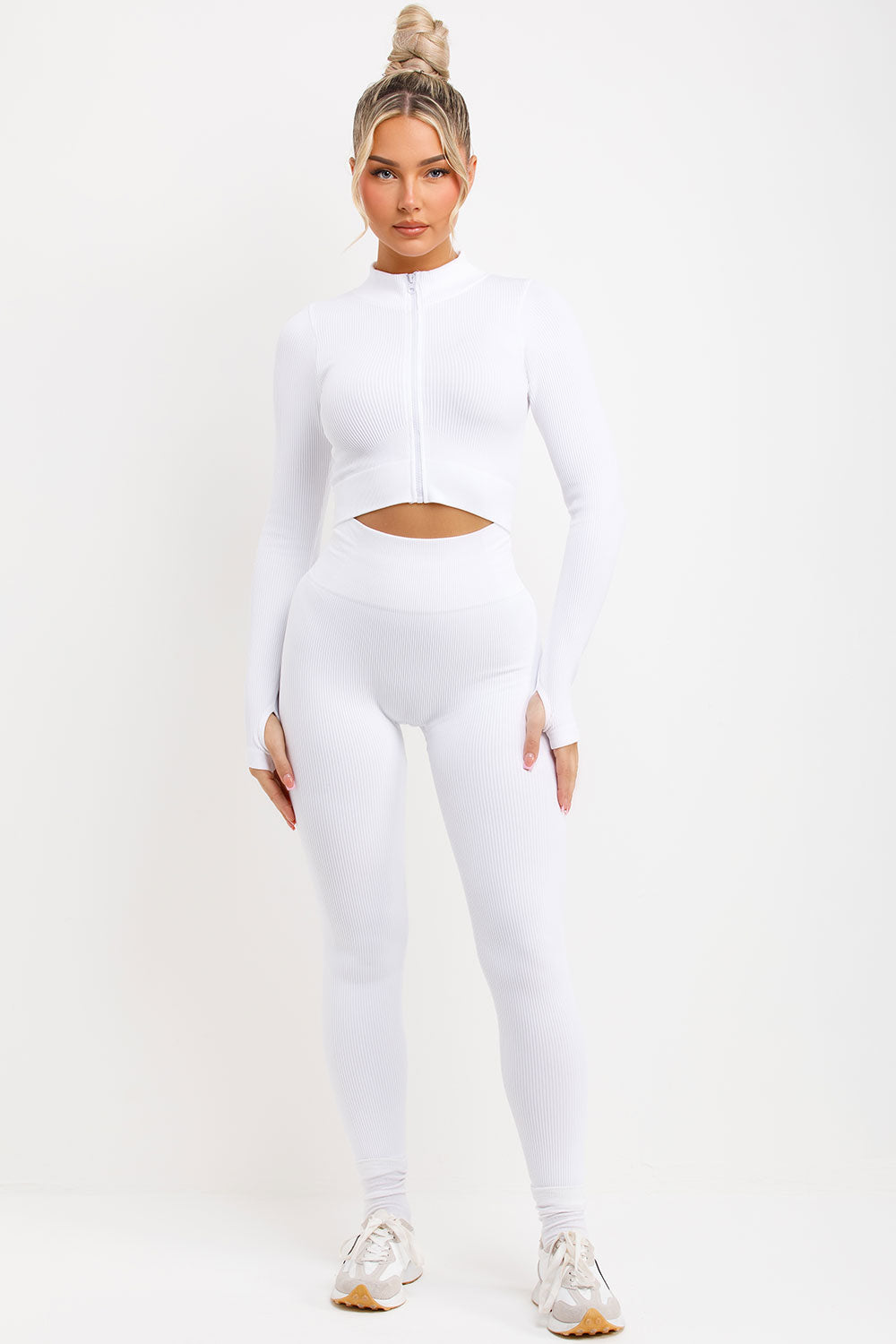 womens ribbed ruched bum leggings and zip up long sleeve activewear top