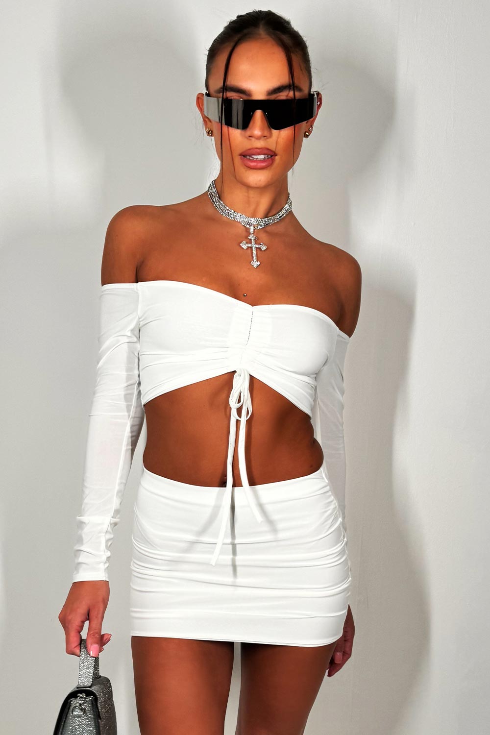 short skirt and off shoulder ruched front long sleeve crop top two piece co ord set going out festival outfit