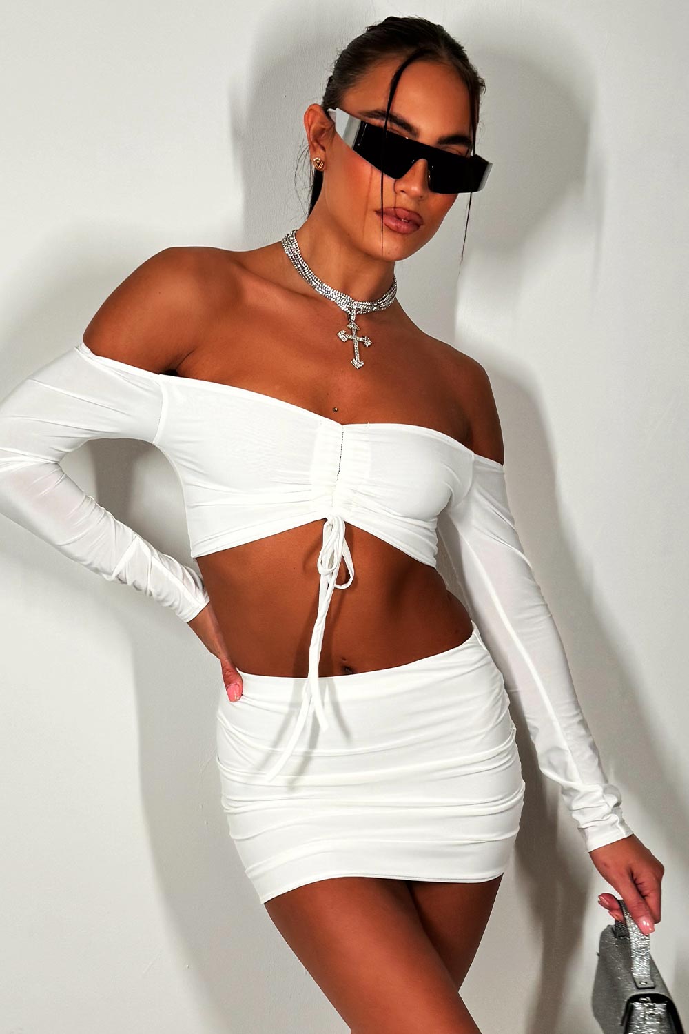 festival long sleeve ruched front crop top and mini skirt co ord set