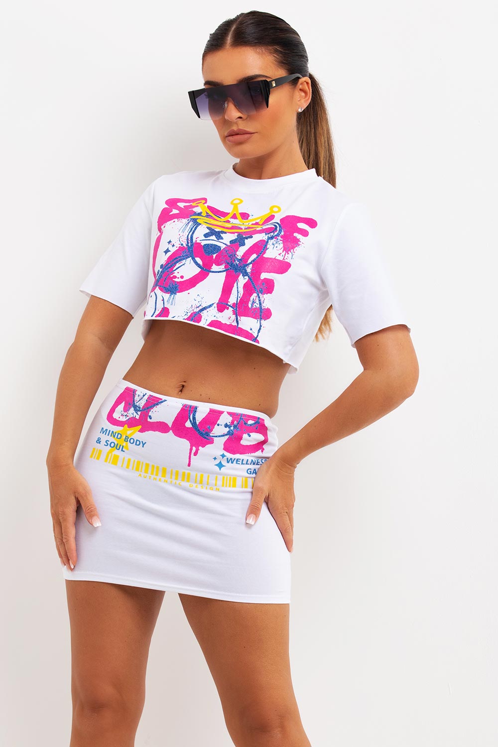 neon print crop t shirt and mini bodycon skirt co ord festival outfit