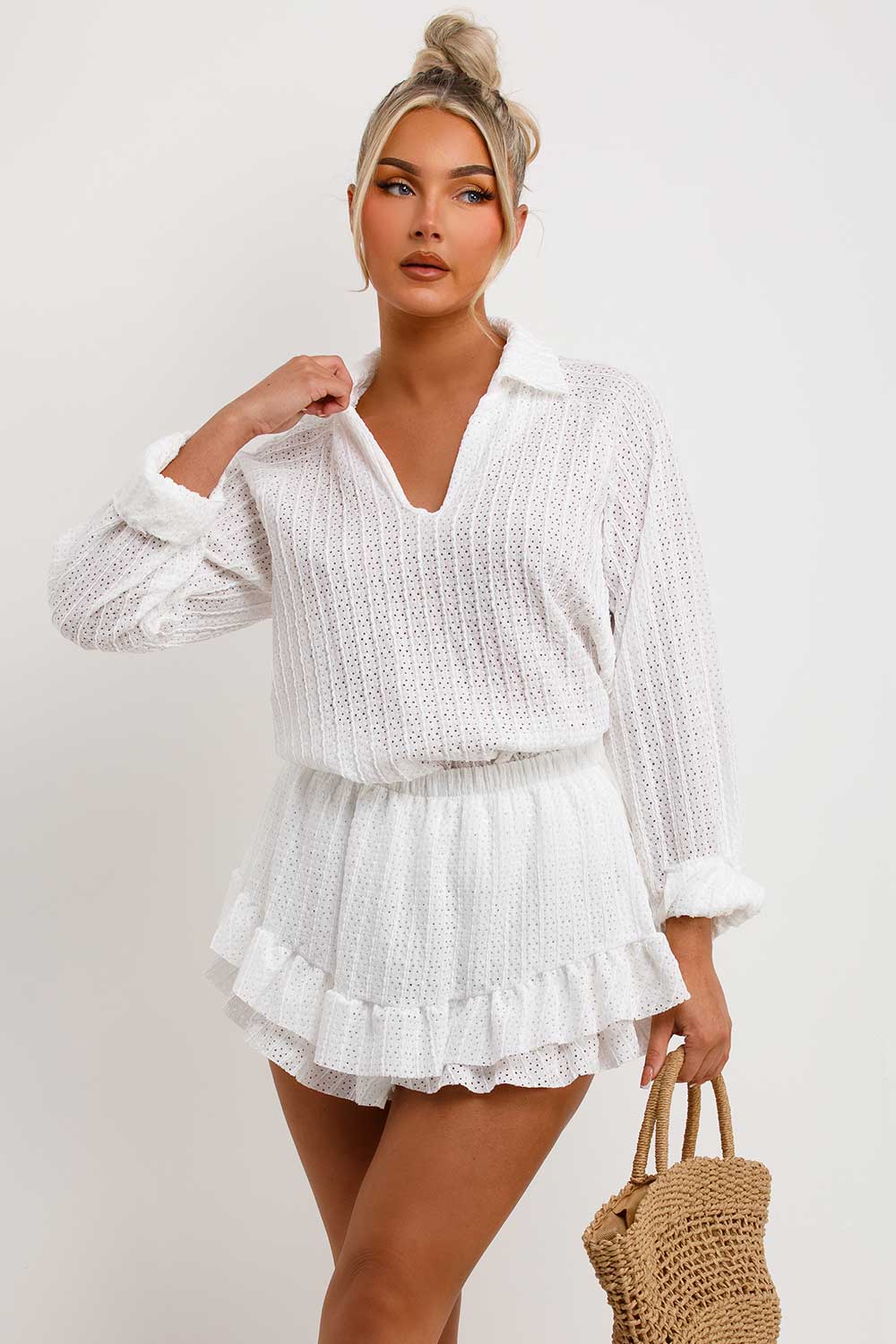 womens frilly shorts and long sleeve collared blouse two piece set