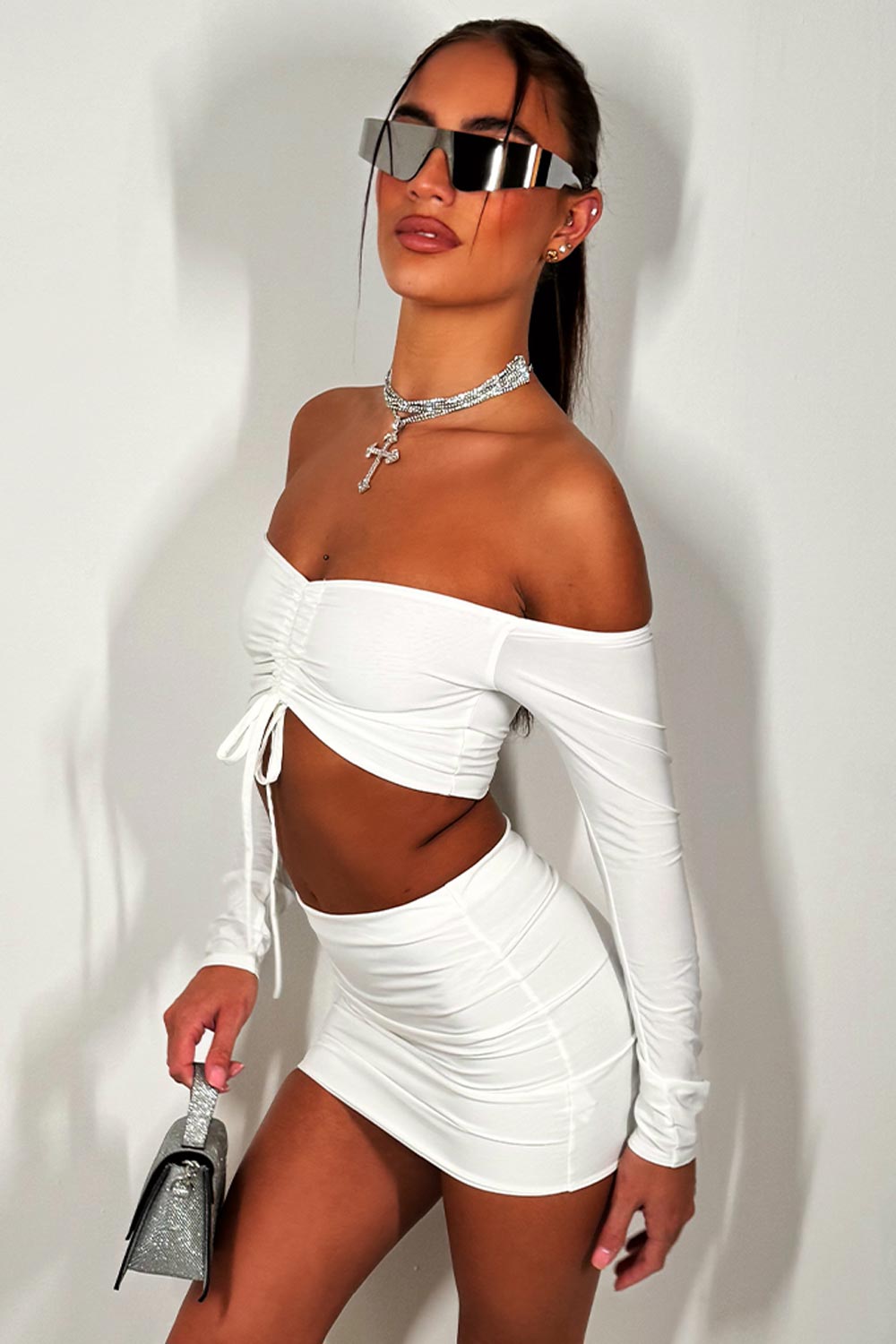 off shoulder ruched front long sleeve crop top and mini skirt co ord set festival rave outfit