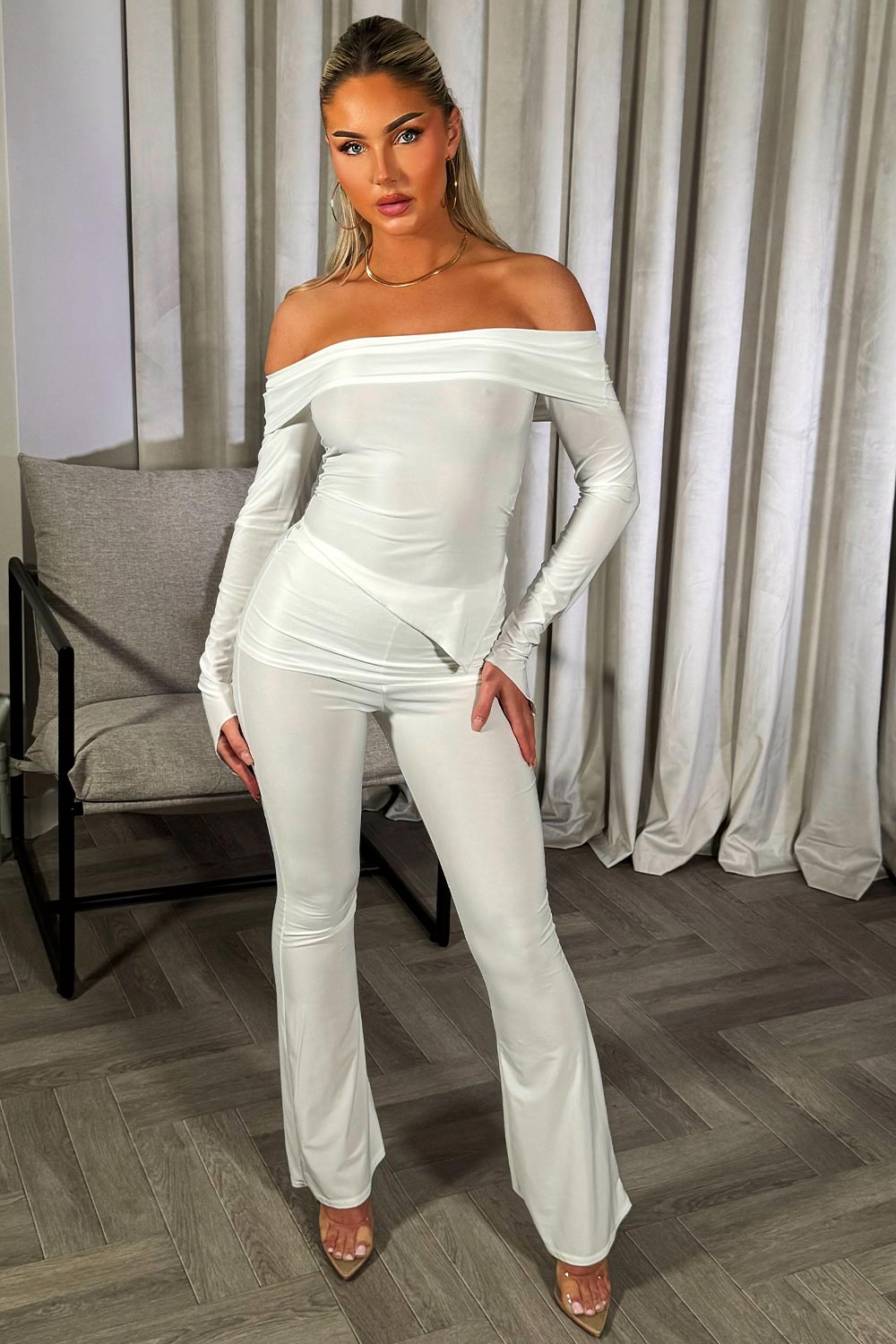 fold detail flare trousers and asymmetric off shoulder long sleeve top co ord double lined going out occasion summer festival clothes