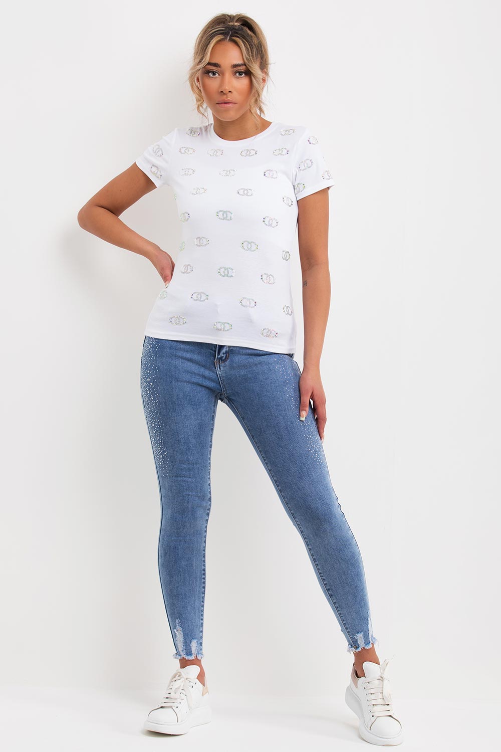 diamante embellishment t shirt white