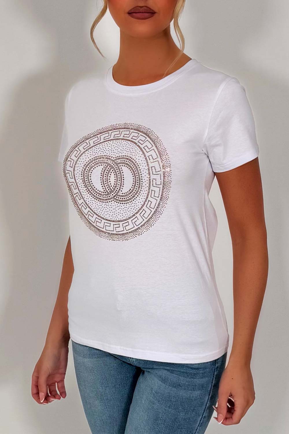 womens white t shirt with diamante rhinestone embellishment styledup uk