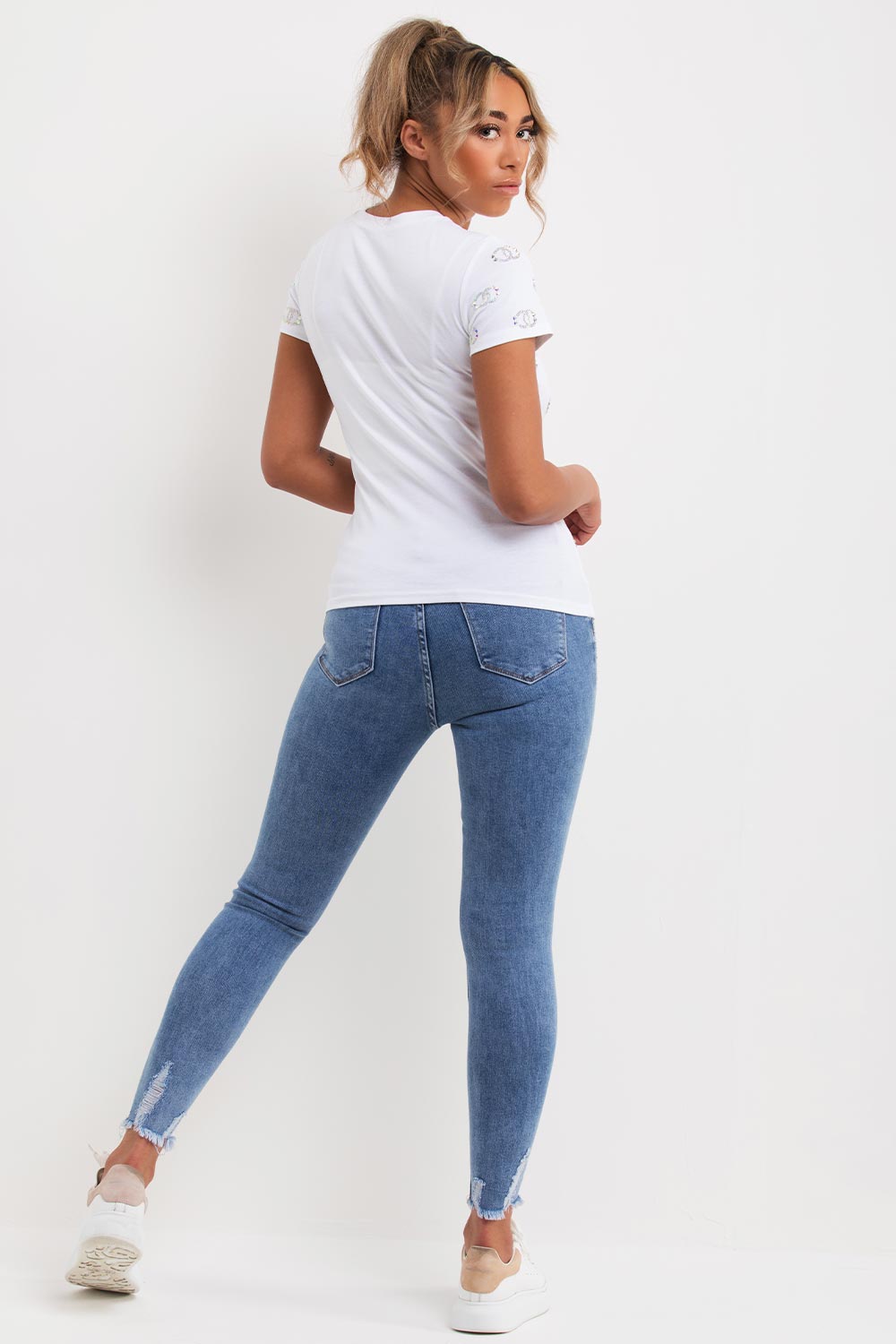 white t shirt with chanel diamante