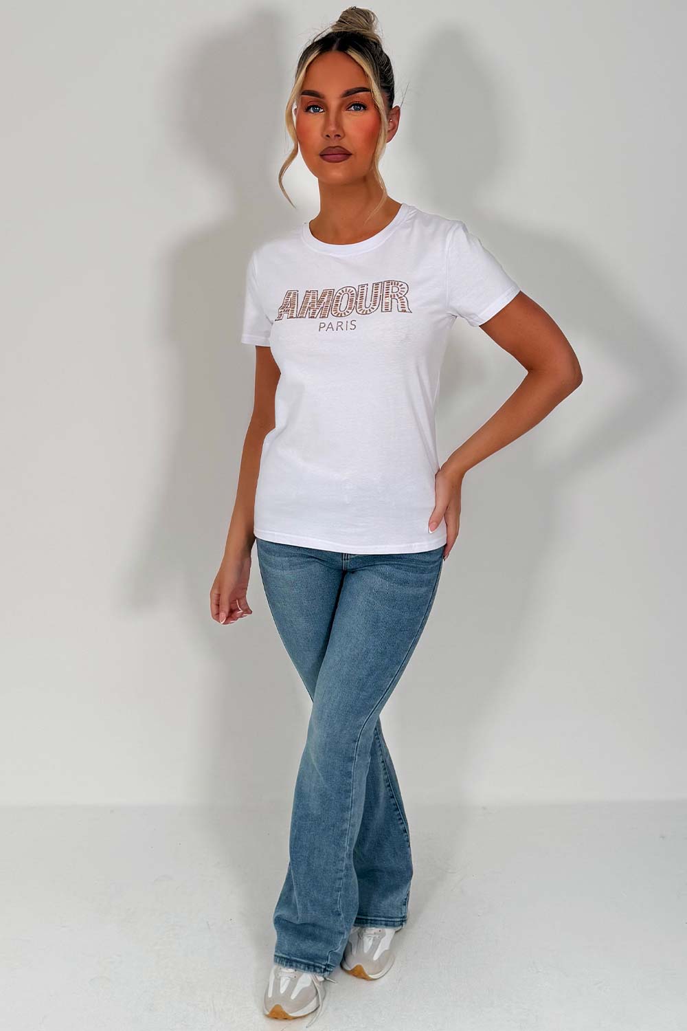 womens rhinestone diamante amour slogan embellishment t shirt white