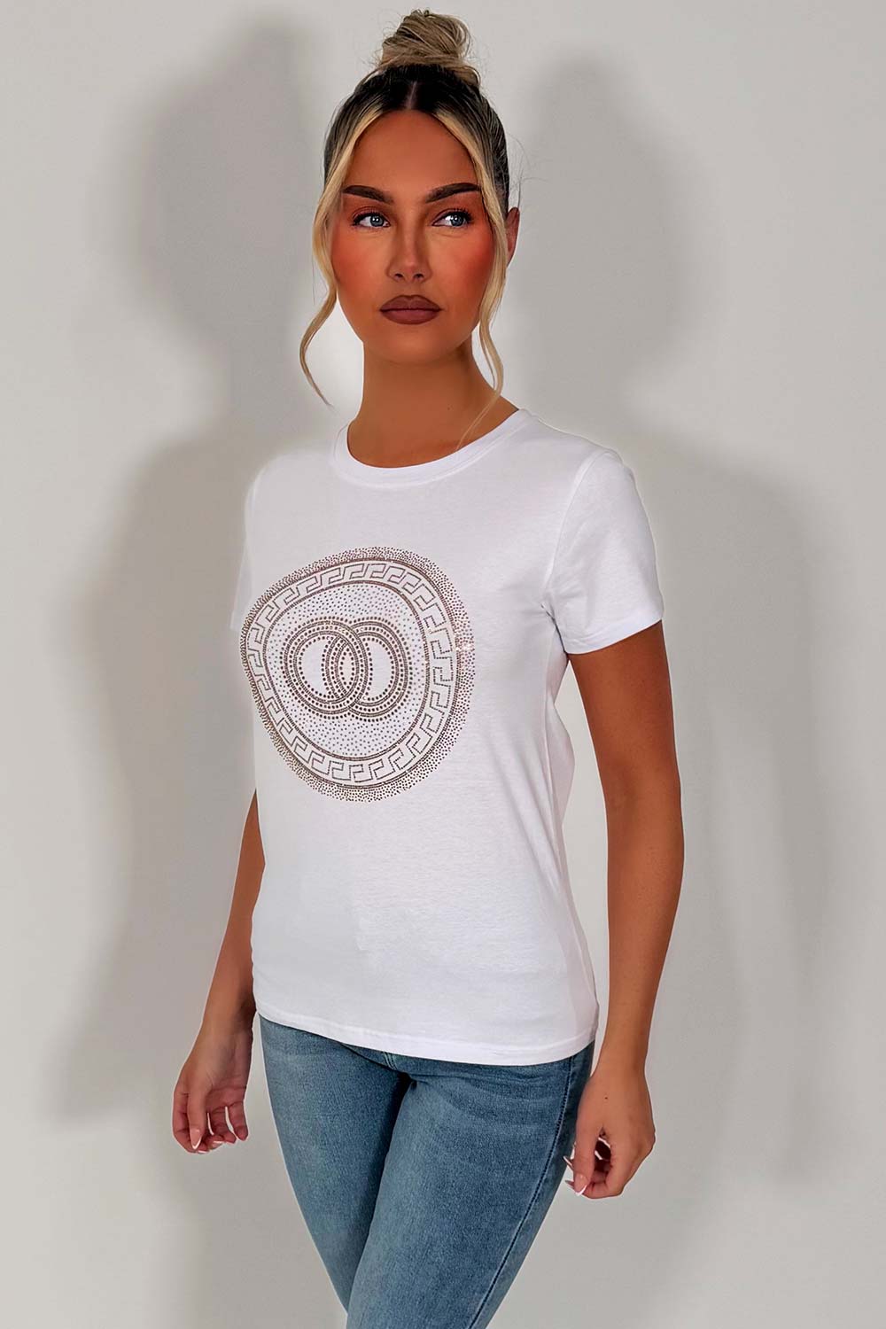 womens white diamante rhinestone embellihment t shirt styledup uk