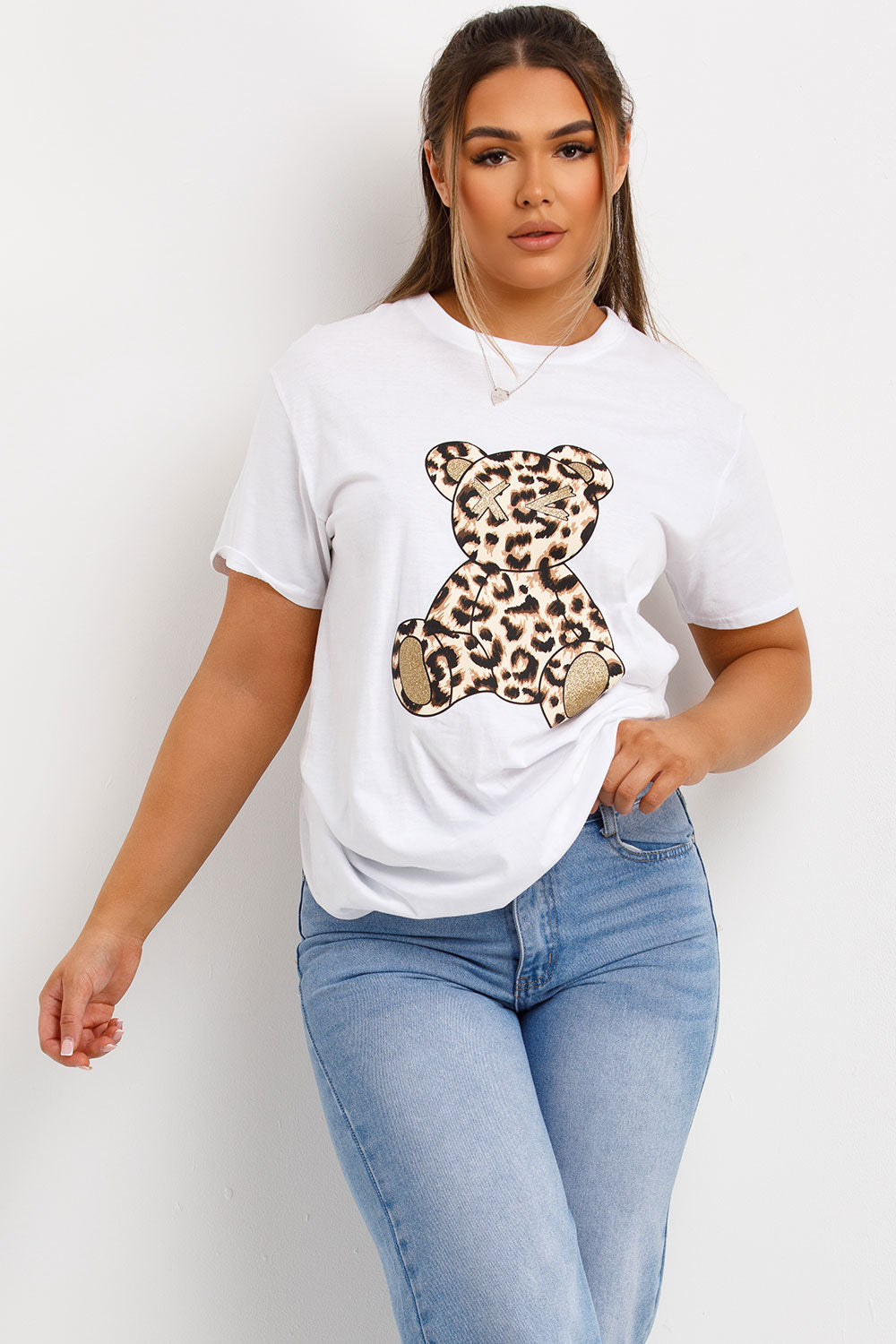 womens oversized t shirt with leopard print teddy bear