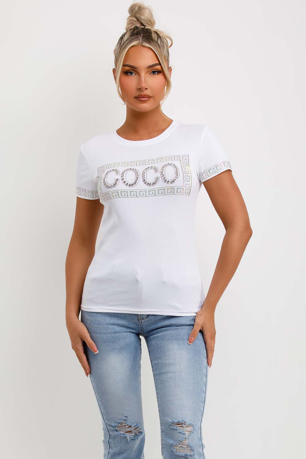womens diamante sparkly co co slogan t shirt white