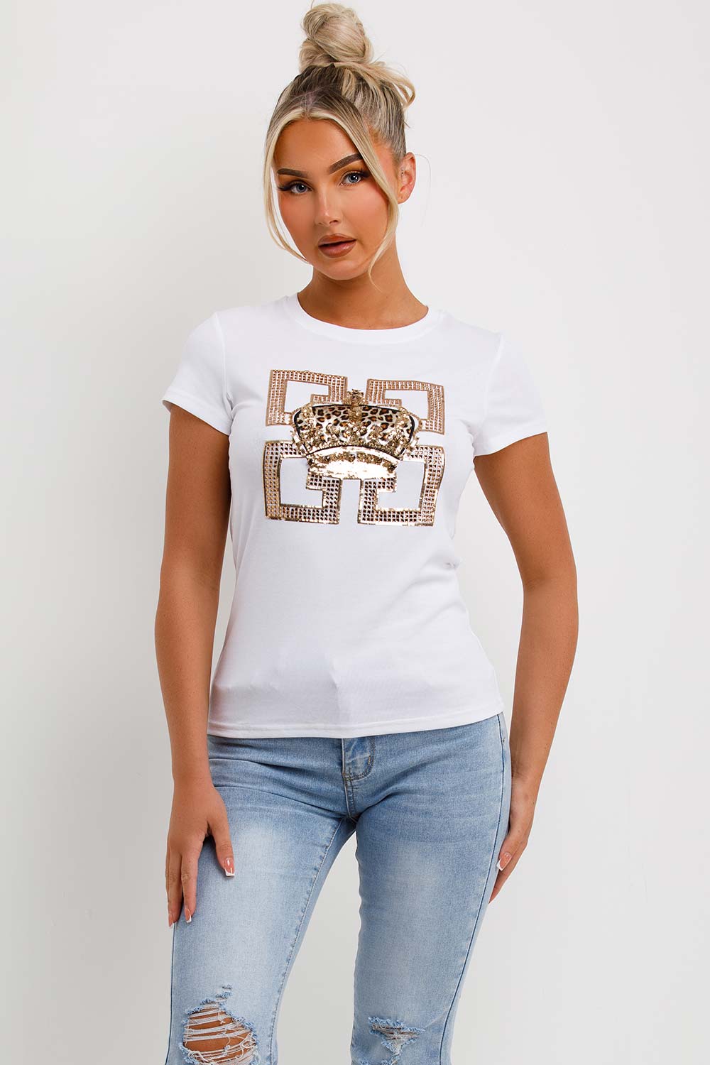 white t shirt with sparkly diamante crown embellishment