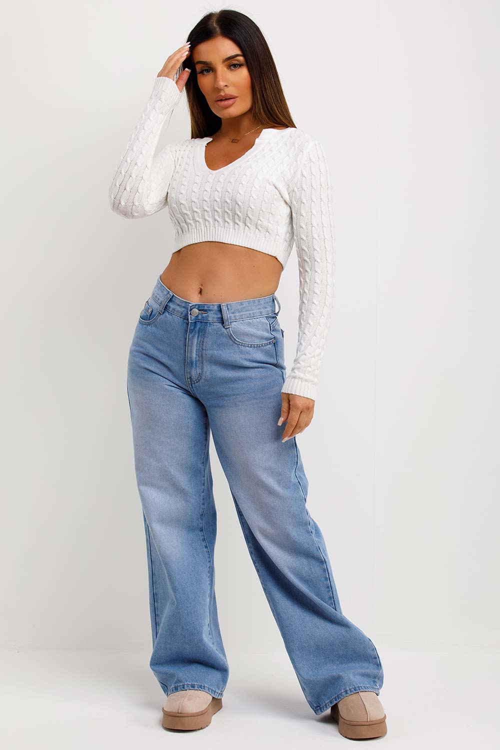 womens white v neck crop knitted jumper