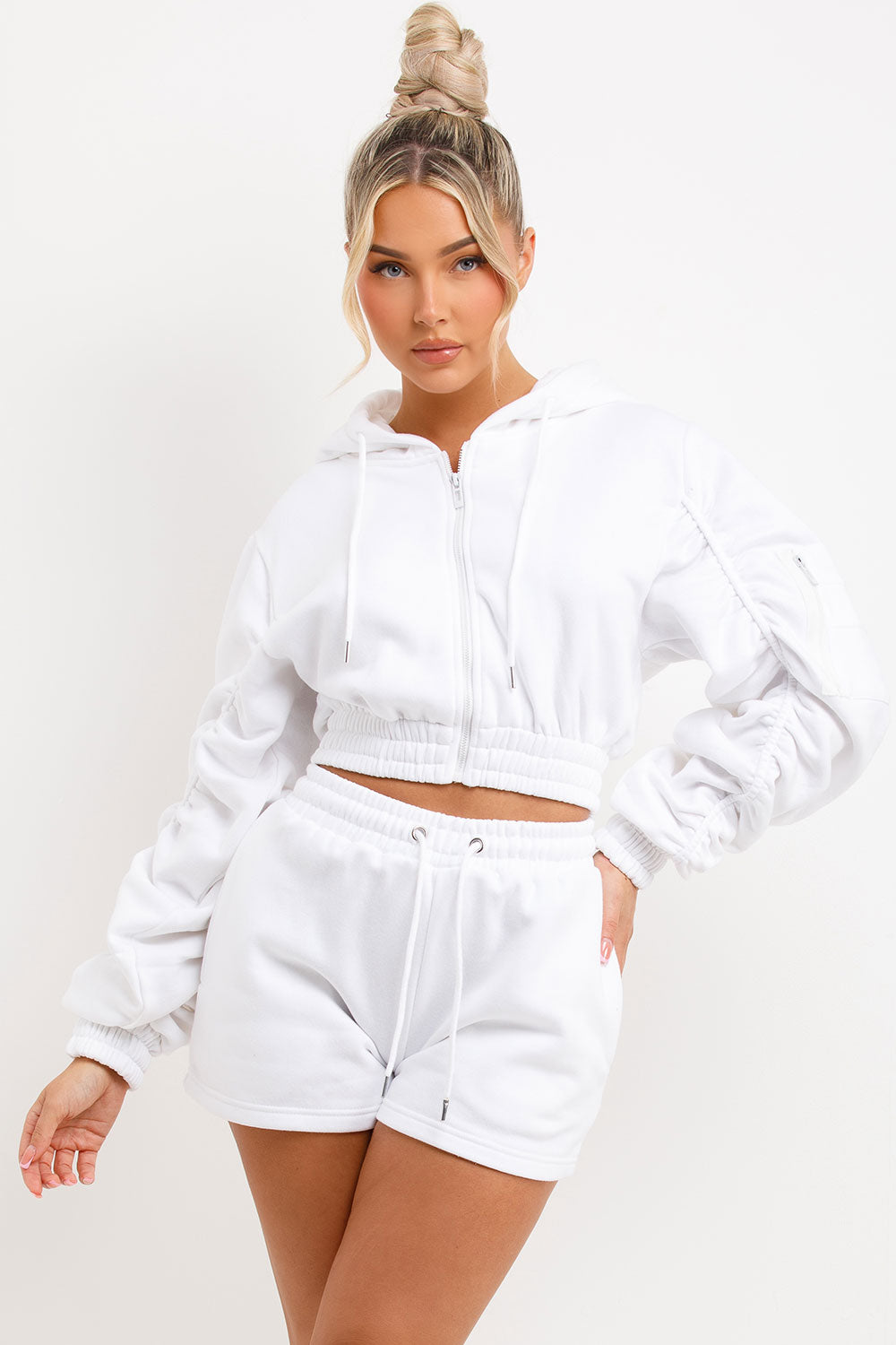 womens crop zip up hoodie with ruched sleeves and shorts tracksuit set