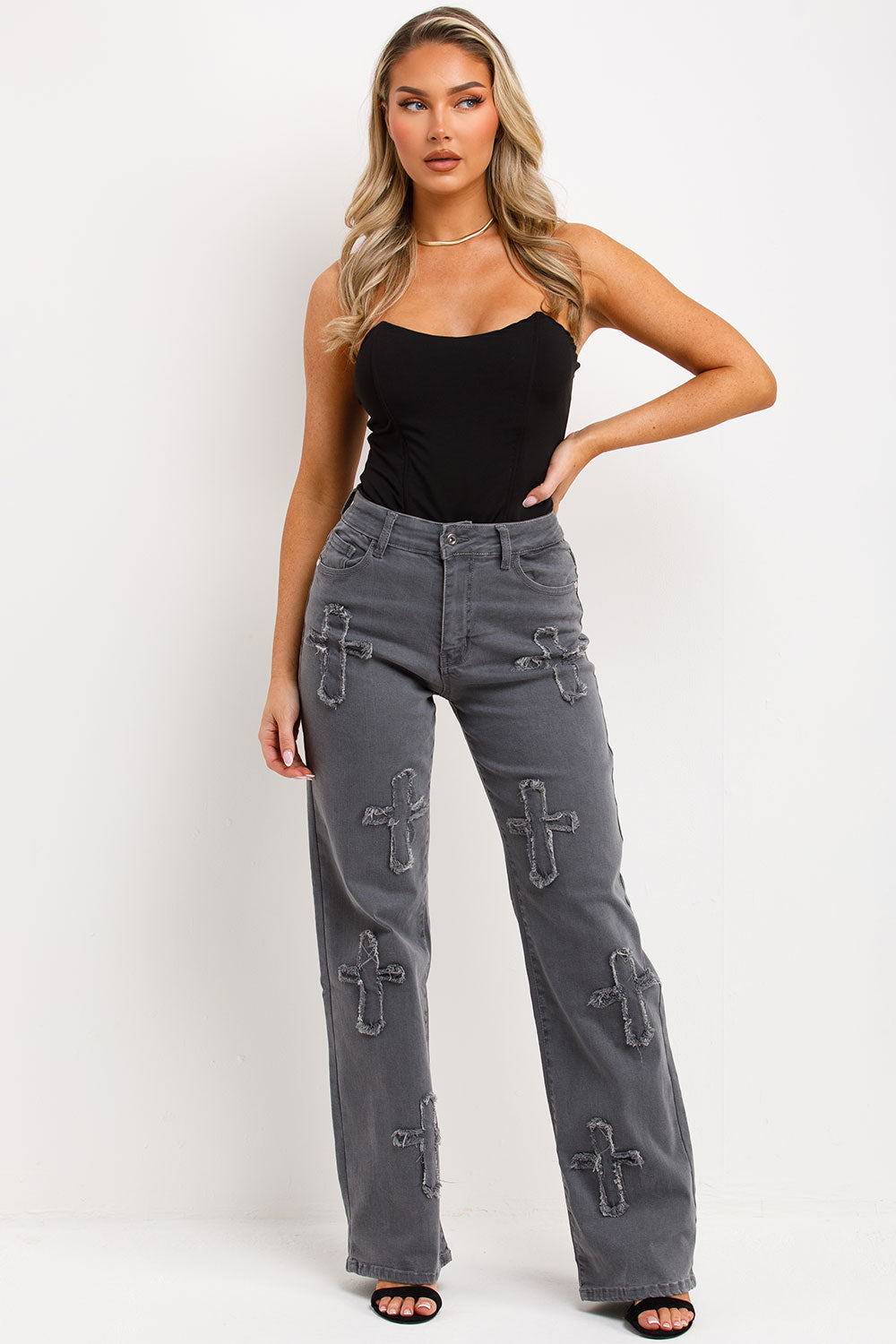womens wide leg cross applique denim jeans styledup