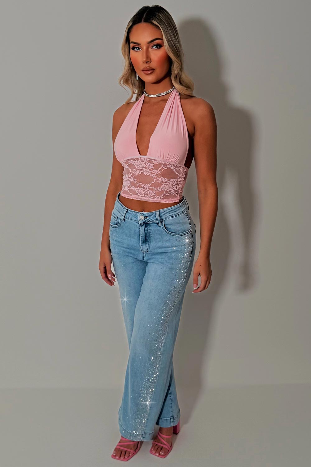 diamante rhinestone wide leg high waisted jeans womens light wash denim