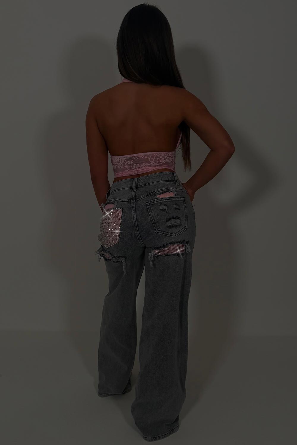 diamante rhinestone pocket relaxed oversize denim grey jeans womens uk