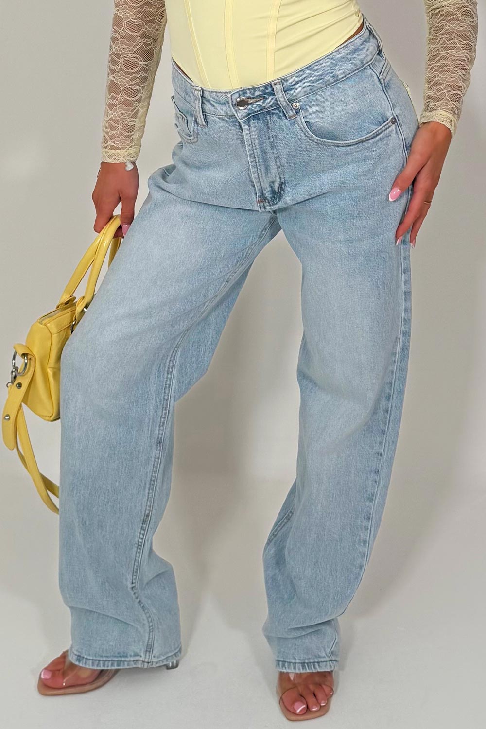 denim blue high waist wide leg jeans with diamante rhinestones contrast pocket styledup