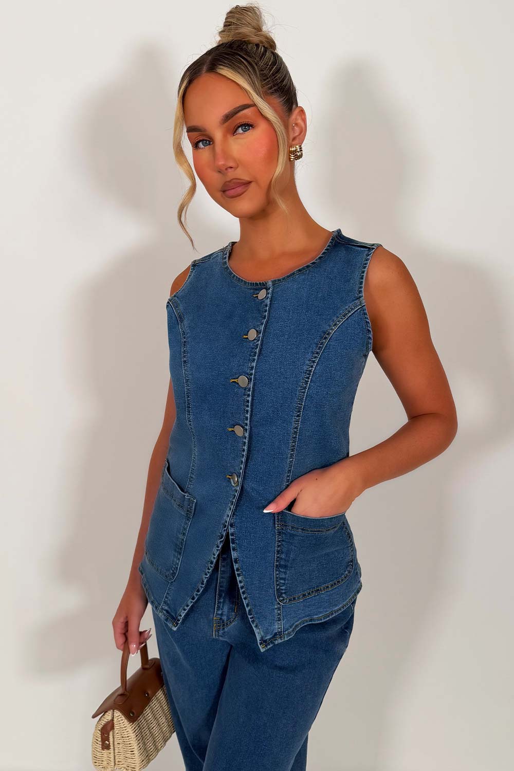 womens denim waistcoat and jeans two piece co ord matching set styledup uk