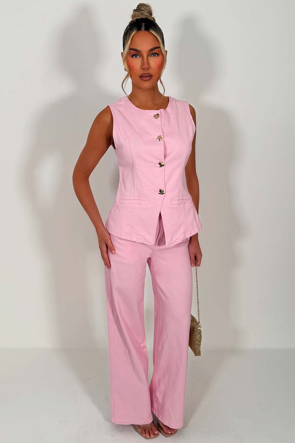 denim waist coat and wide leg jeans co ord matching outfit for summer occasions styledup