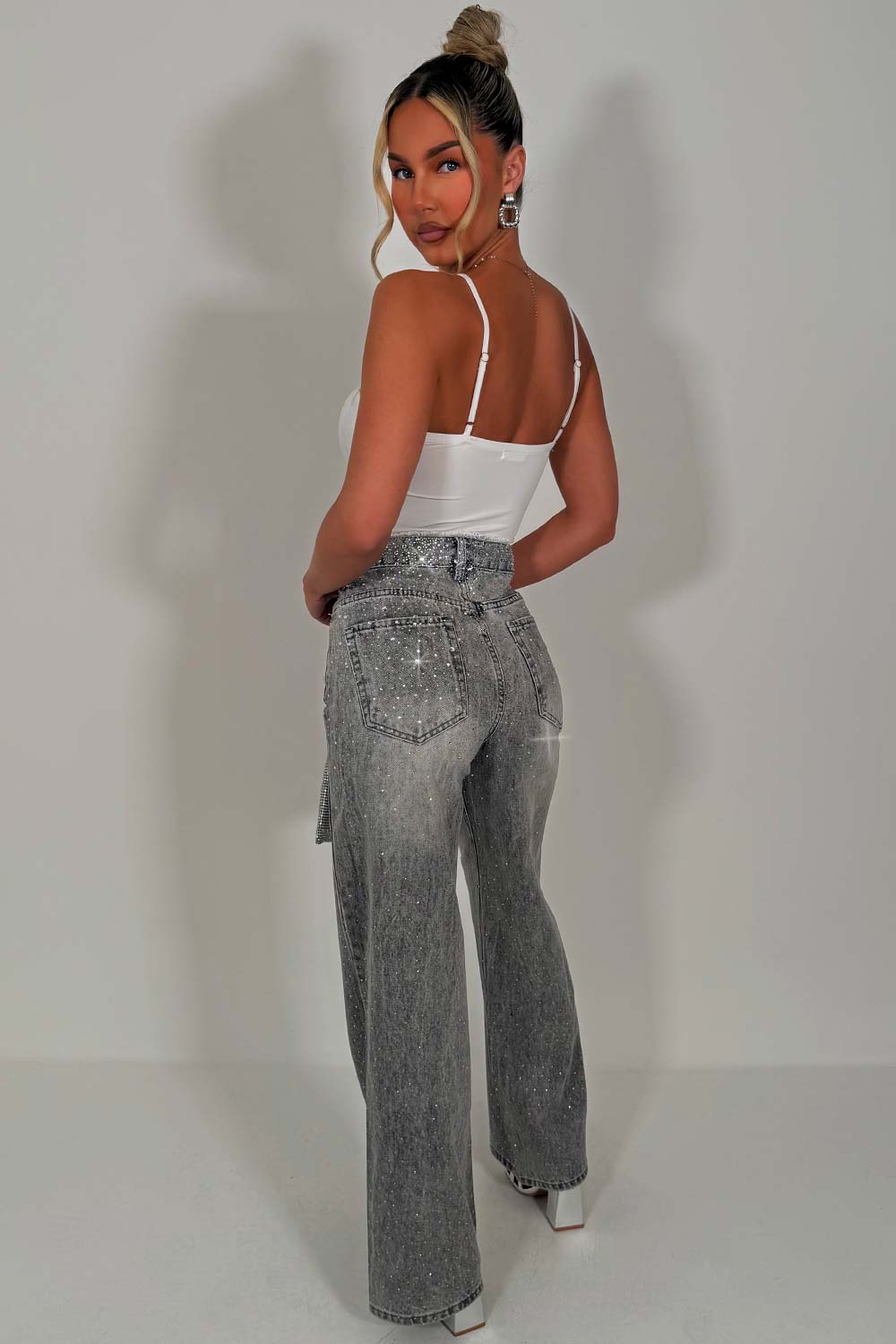 lace trim rhinestone diamante wide leg high waist jeans zara womens uk