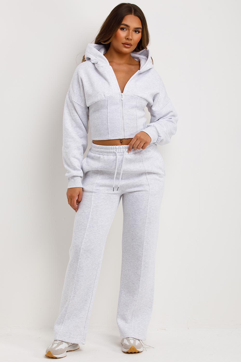 womens crop corset hoodie and joggers tracksuit set airport outfit styledup