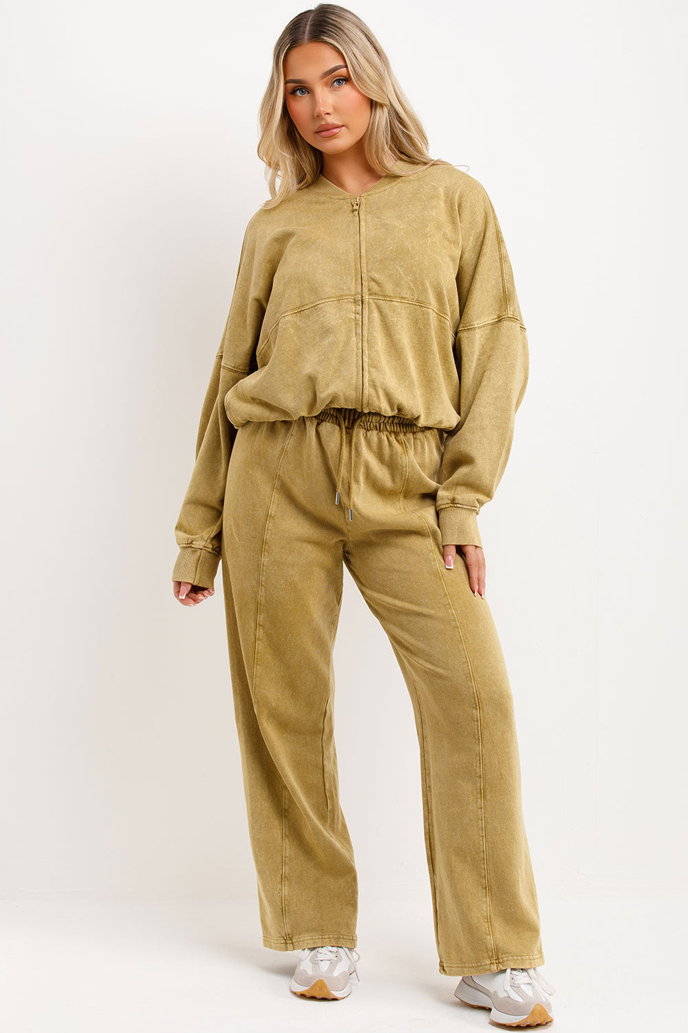 zara womens stonewashed bomber jacket and straight leg joggers tracksuit loungewear co ord set