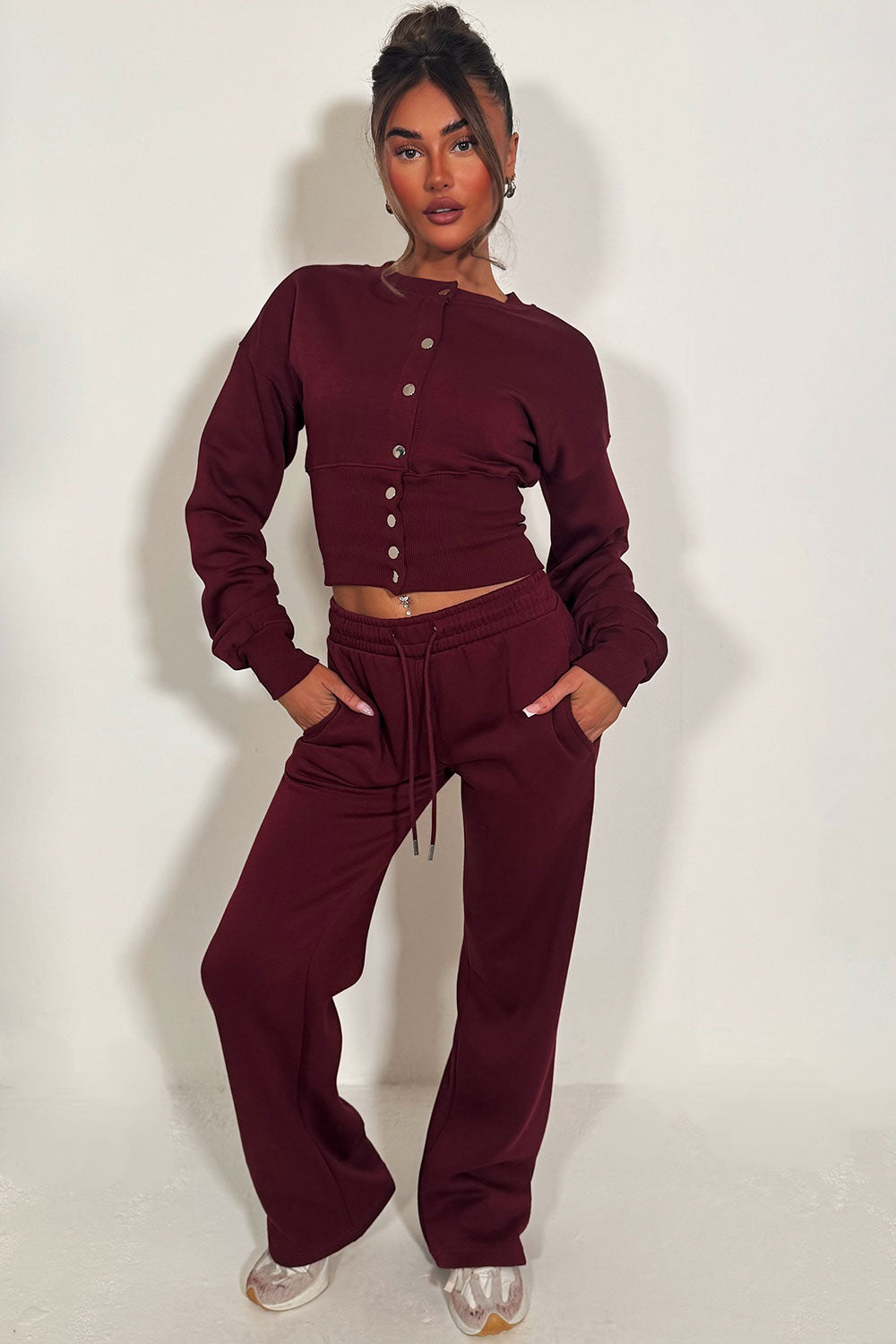 button up crop sweatshirt and wide leg joggers two piece loungewear co ord set womens styledup