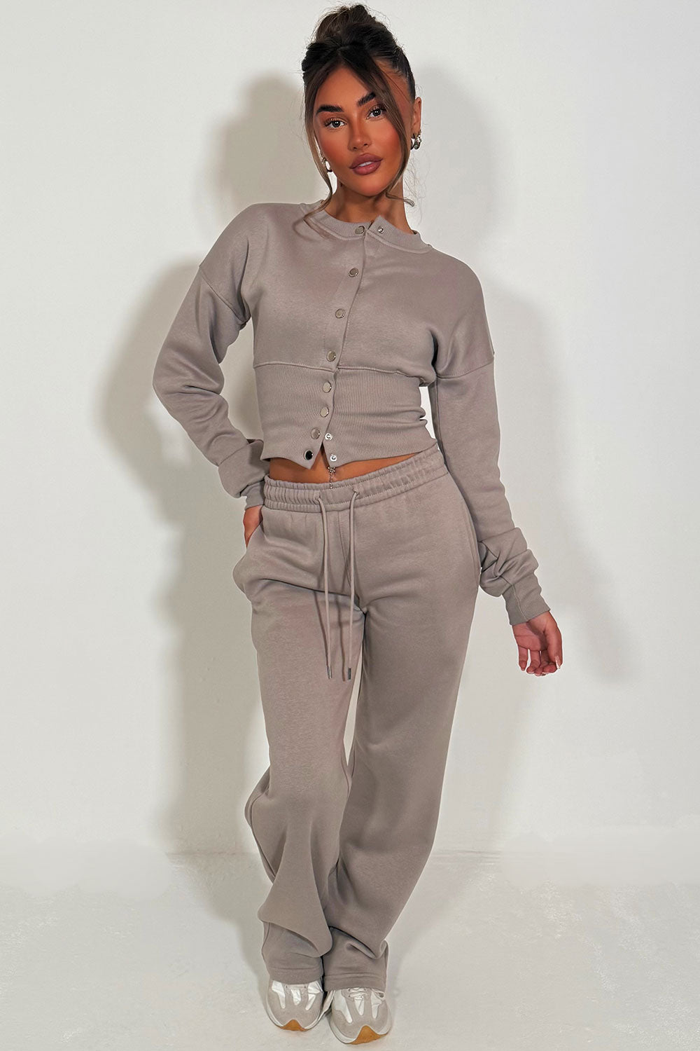 womens button up compress waist crop tracksuit styledup airport outfit travelling clothes styledup
