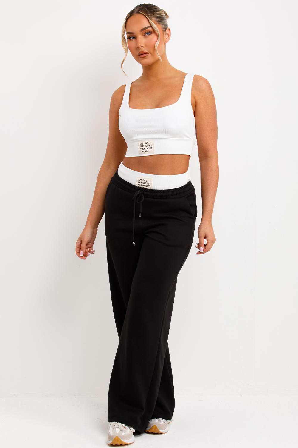 womens zara boxer detail trousers and rib crop top loungewear set black