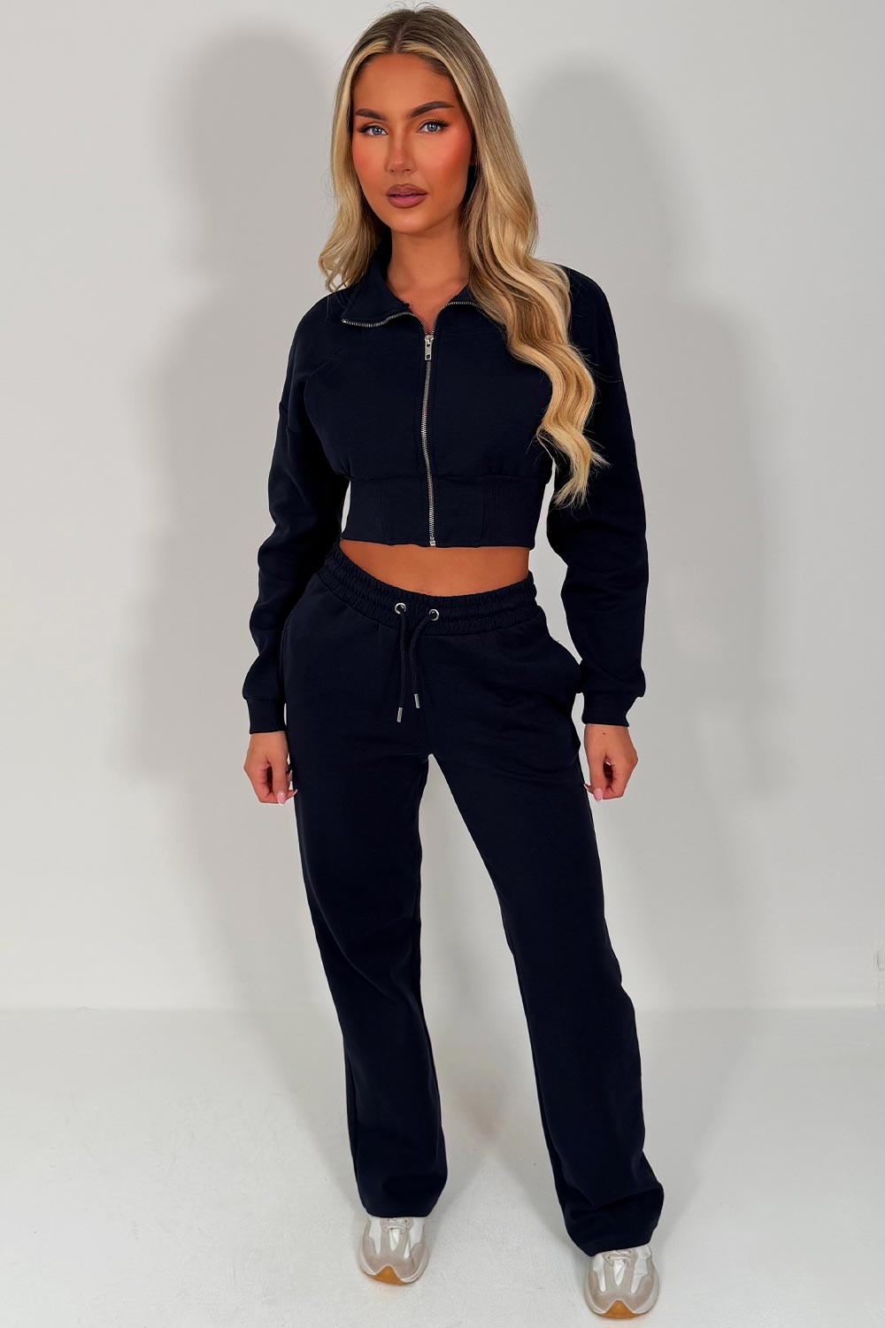 womens zip up sweatshirt and wide leg joggers two piece tracksuit co ord set styledup
