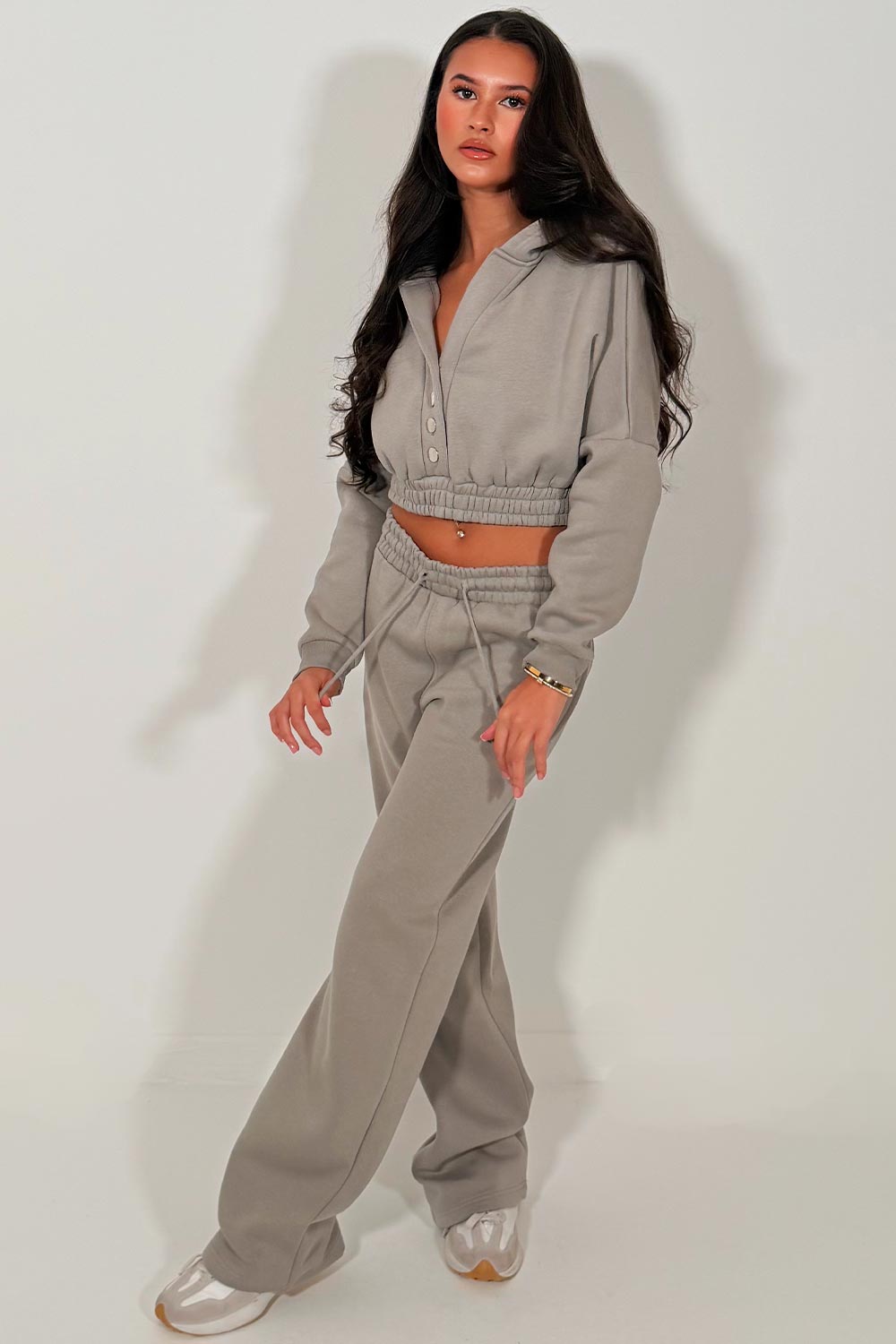 womens crop button up hoodie and wide leg joggers tracksuit set styledup