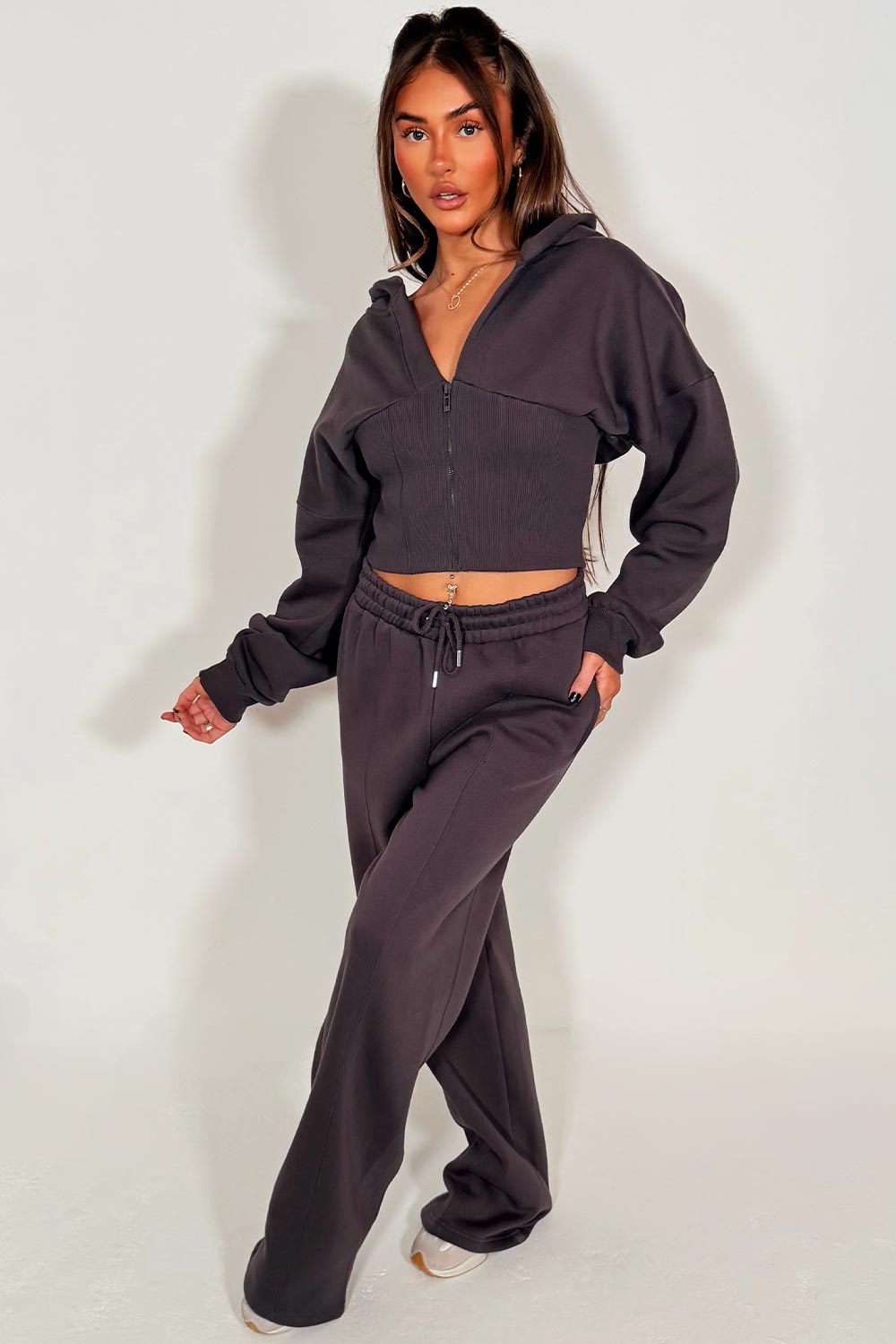 womens crop corset hoodie and joggers casual loungewear co ord set airport outfit styledup
